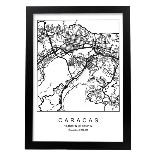Lámina mapa de la ciudad Caracas estilo nordico en blanco y negro.-Artwork-Nacnic-A4-Marco Negro-Nacnic Estudio SL