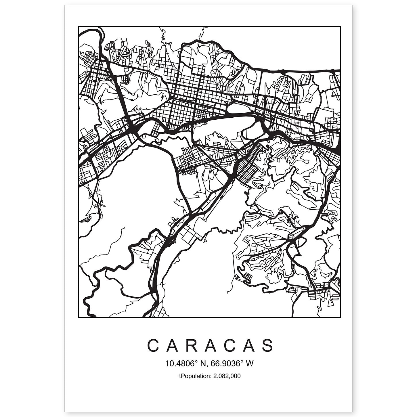 Lámina mapa de la ciudad Caracas estilo nordico en blanco y negro.-Artwork-Nacnic-A4-Sin marco-Nacnic Estudio SL