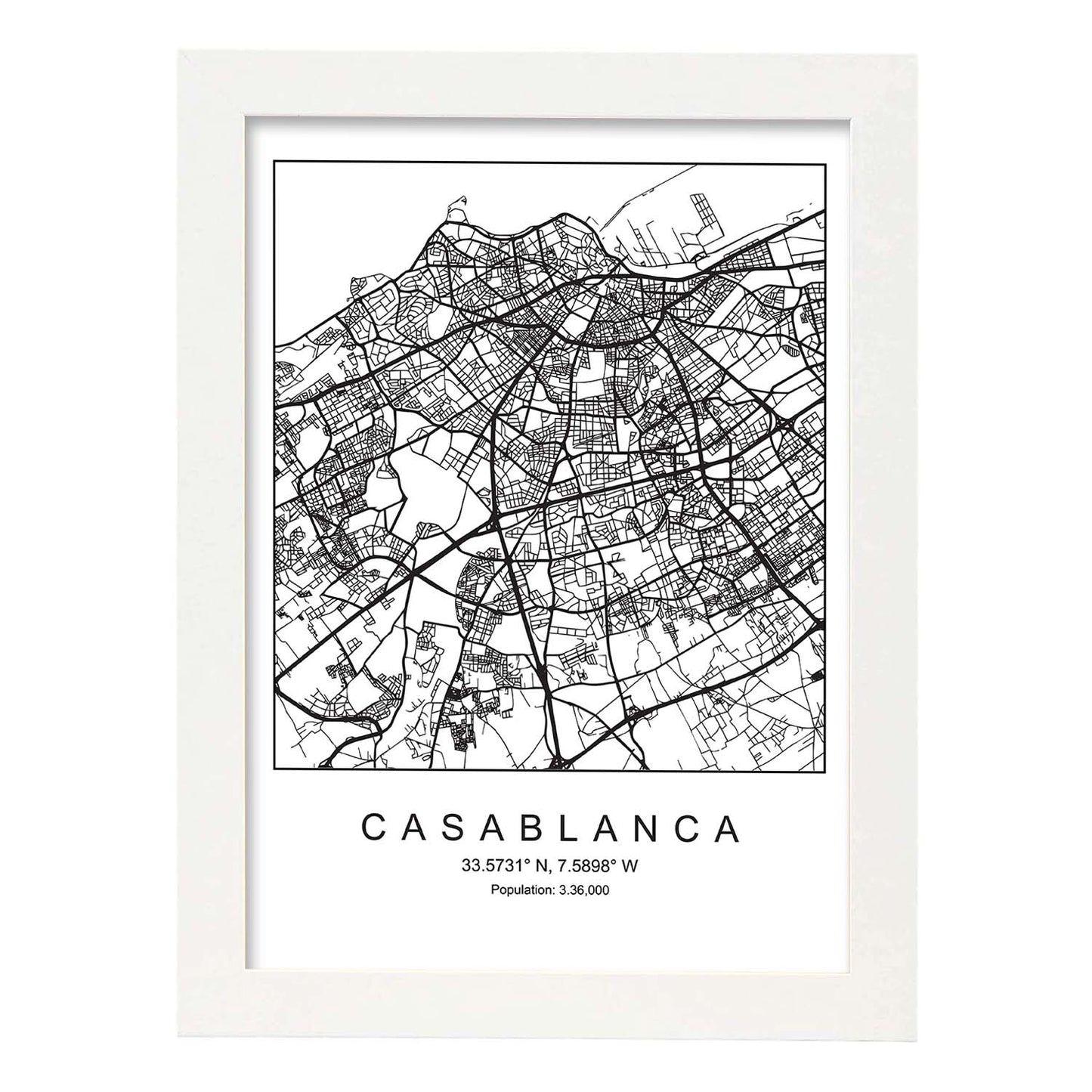 Lámina mapa de la ciudad Casablanca estilo nordico en blanco y negro.-Artwork-Nacnic-A3-Marco Blanco-Nacnic Estudio SL