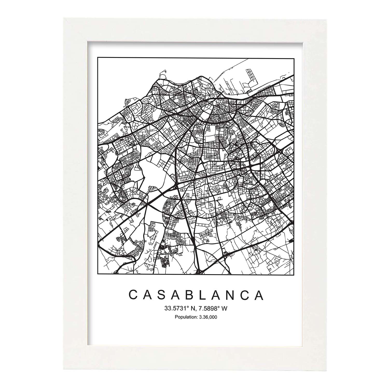 Lámina mapa de la ciudad Casablanca estilo nordico en blanco y negro.-Artwork-Nacnic-A3-Marco Blanco-Nacnic Estudio SL
