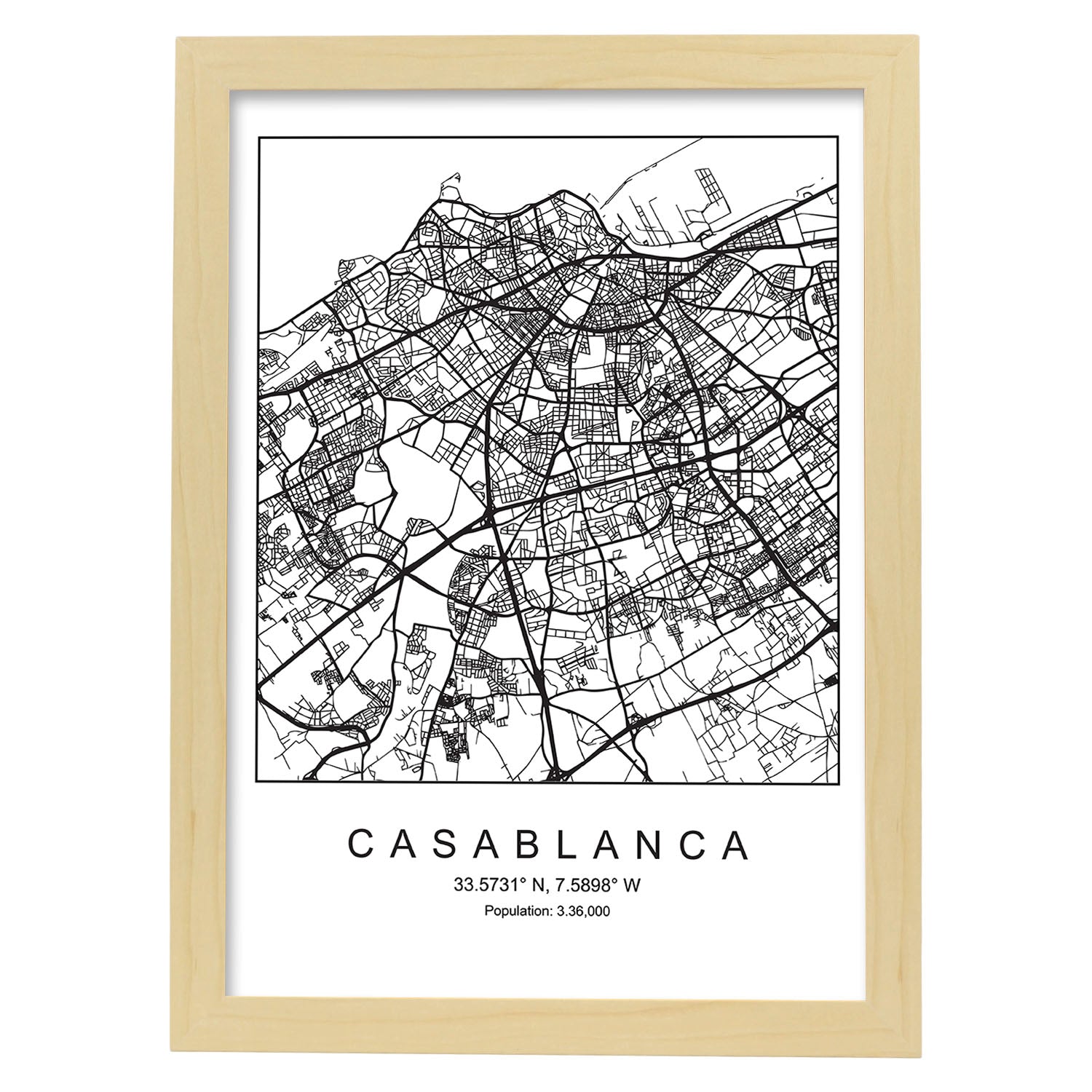 Lámina mapa de la ciudad Casablanca estilo nordico en blanco y negro.-Artwork-Nacnic-A3-Marco Madera clara-Nacnic Estudio SL