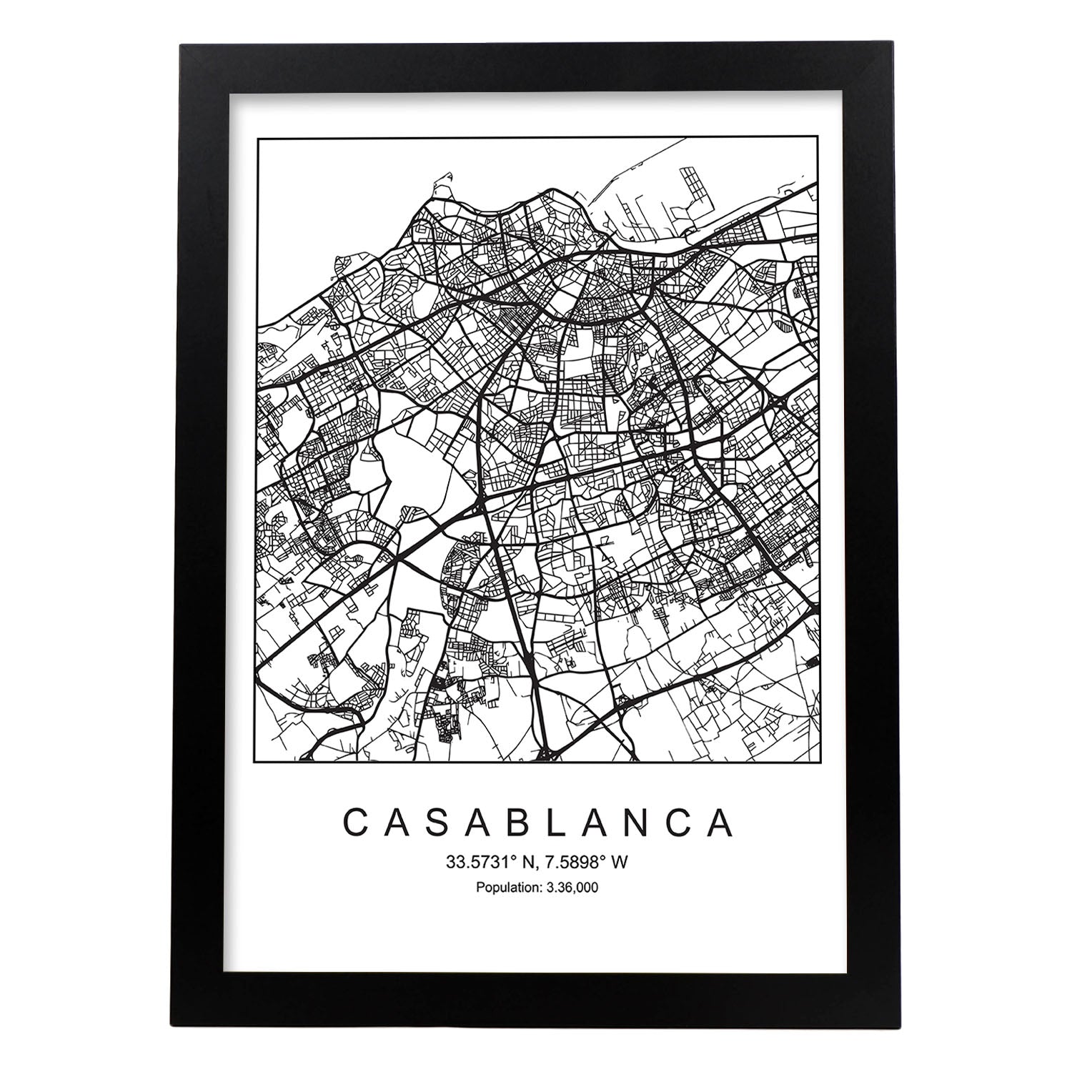 Lámina mapa de la ciudad Casablanca estilo nordico en blanco y negro.-Artwork-Nacnic-A3-Marco Negro-Nacnic Estudio SL
