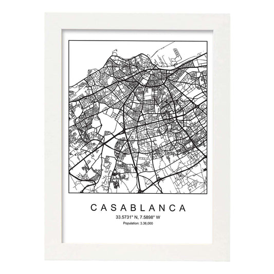 Lámina mapa de la ciudad Casablanca estilo nordico en blanco y negro.-Artwork-Nacnic-A4-Marco Blanco-Nacnic Estudio SL