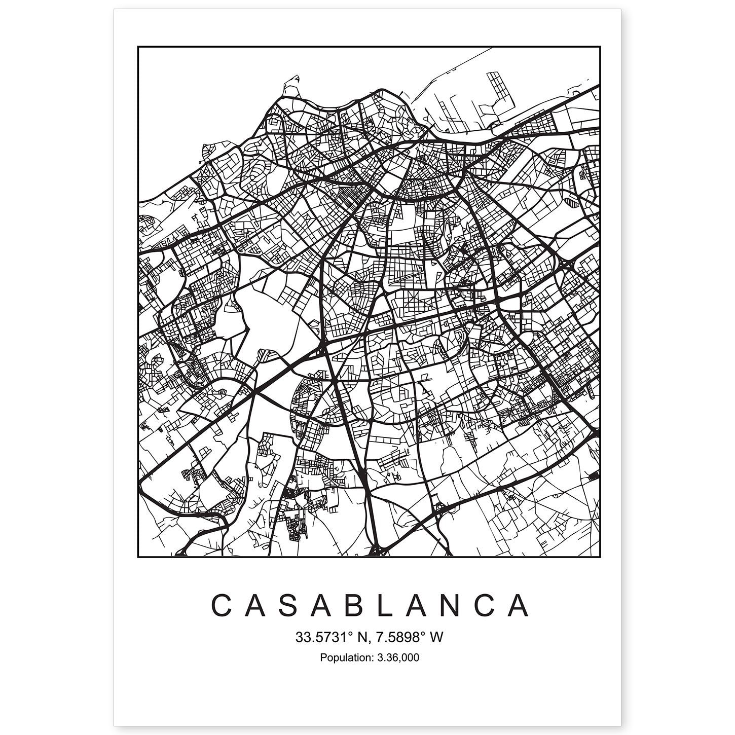 Lámina mapa de la ciudad Casablanca estilo nordico en blanco y negro.-Artwork-Nacnic-A4-Sin marco-Nacnic Estudio SL