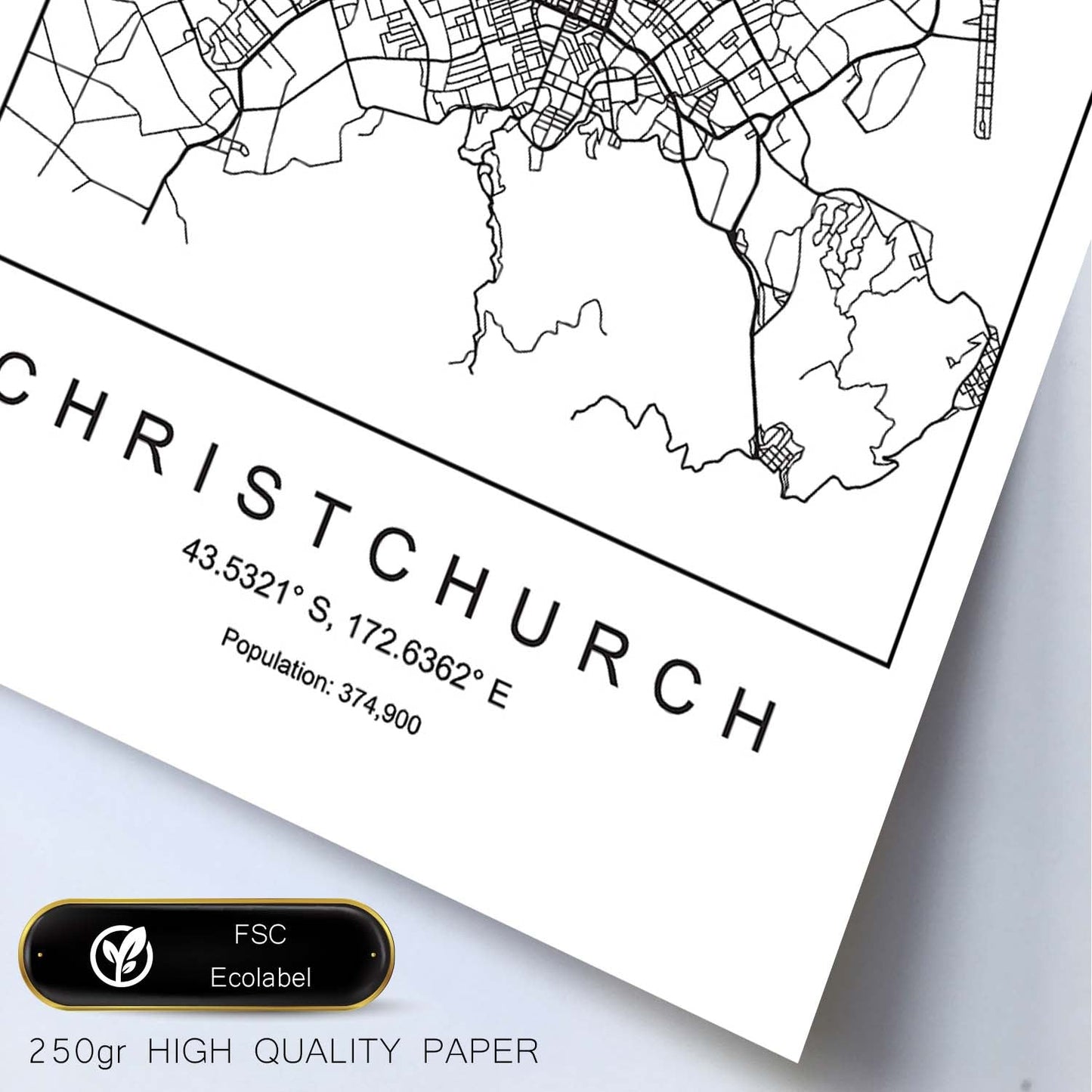 Lámina mapa de la ciudad Christchurch estilo nordico en blanco y negro.-Artwork-Nacnic-Nacnic Estudio SL