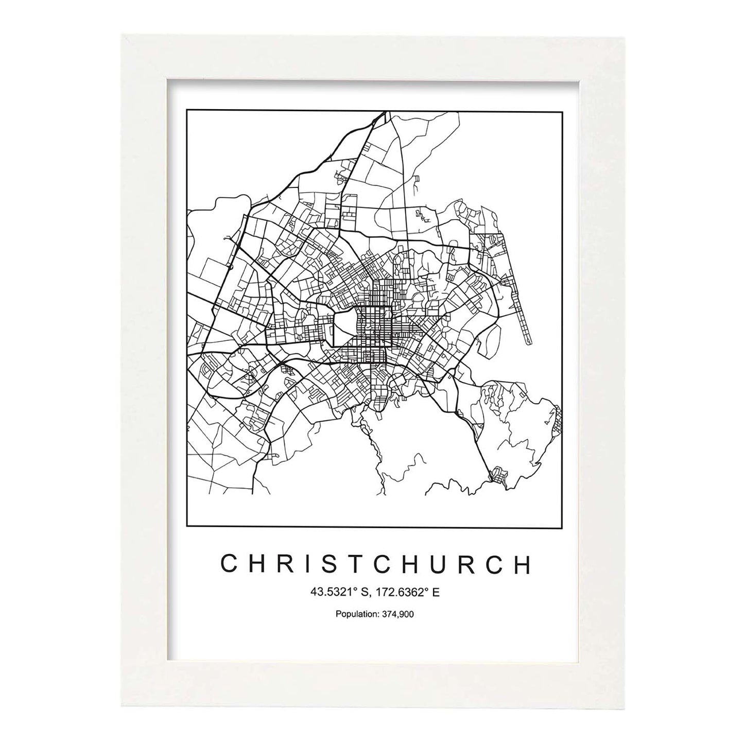 Lámina mapa de la ciudad Christchurch estilo nordico en blanco y negro.-Artwork-Nacnic-A3-Marco Blanco-Nacnic Estudio SL