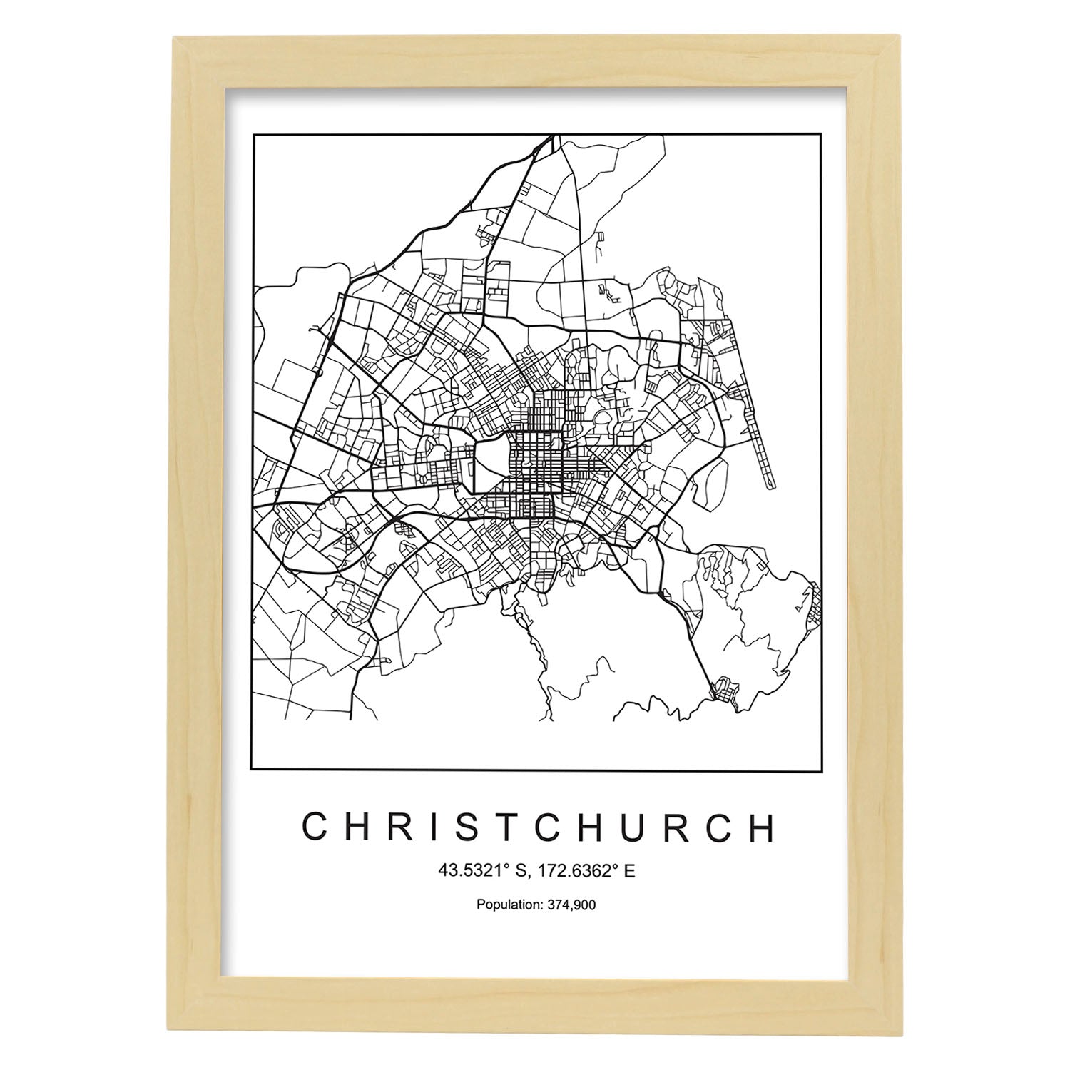 Lámina mapa de la ciudad Christchurch estilo nordico en blanco y negro.-Artwork-Nacnic-A3-Marco Madera clara-Nacnic Estudio SL