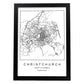 Lámina mapa de la ciudad Christchurch estilo nordico en blanco y negro.-Artwork-Nacnic-A3-Marco Negro-Nacnic Estudio SL