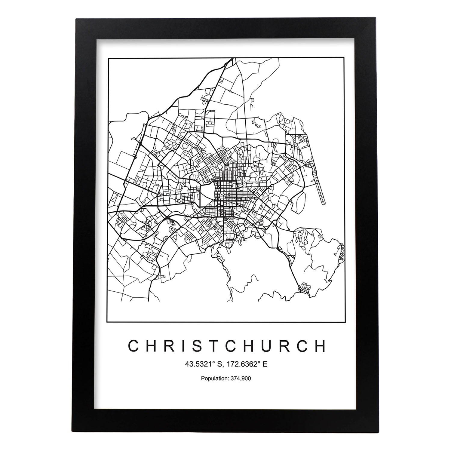 Lámina mapa de la ciudad Christchurch estilo nordico en blanco y negro.-Artwork-Nacnic-A3-Marco Negro-Nacnic Estudio SL