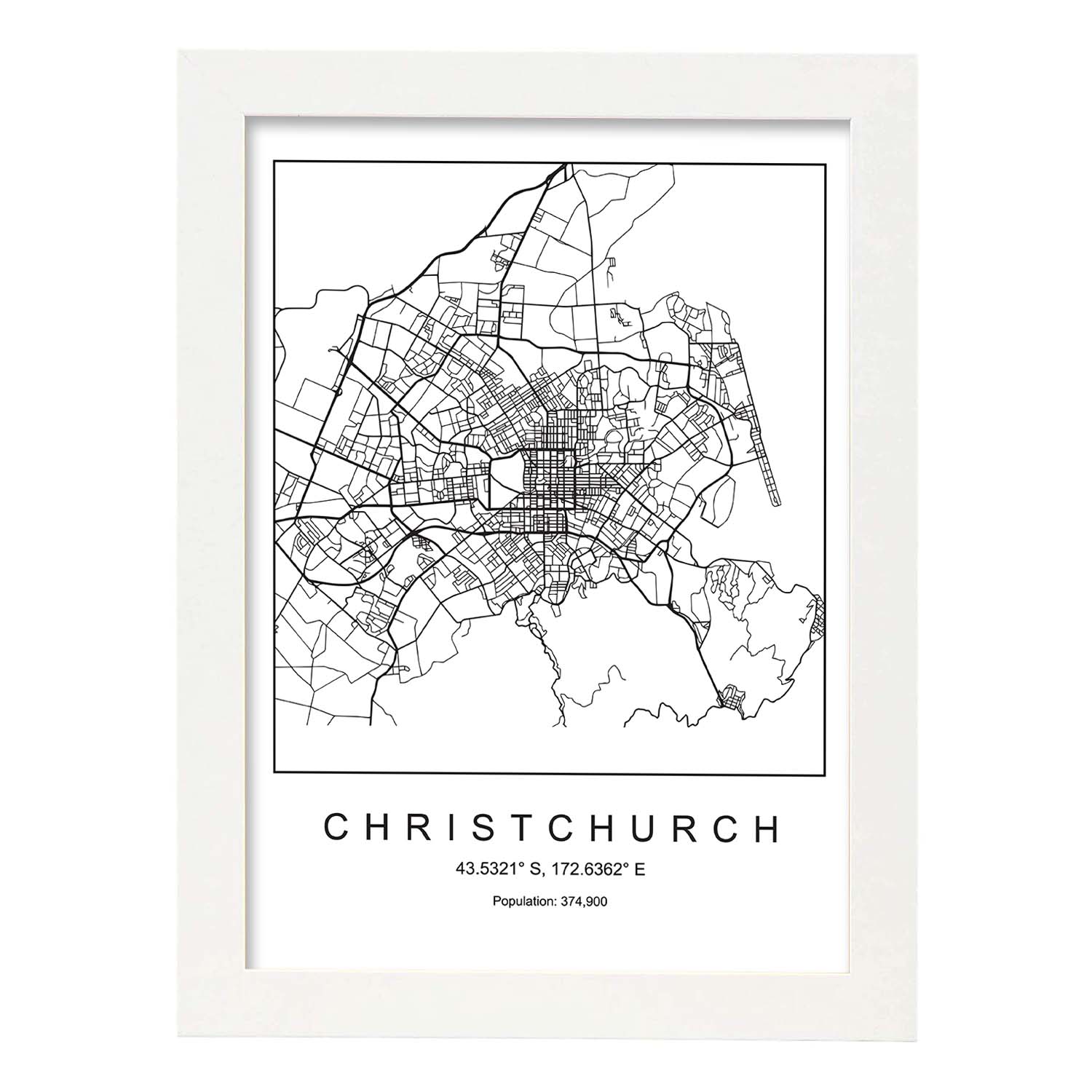 Lámina mapa de la ciudad Christchurch estilo nordico en blanco y negro.-Artwork-Nacnic-A4-Marco Blanco-Nacnic Estudio SL