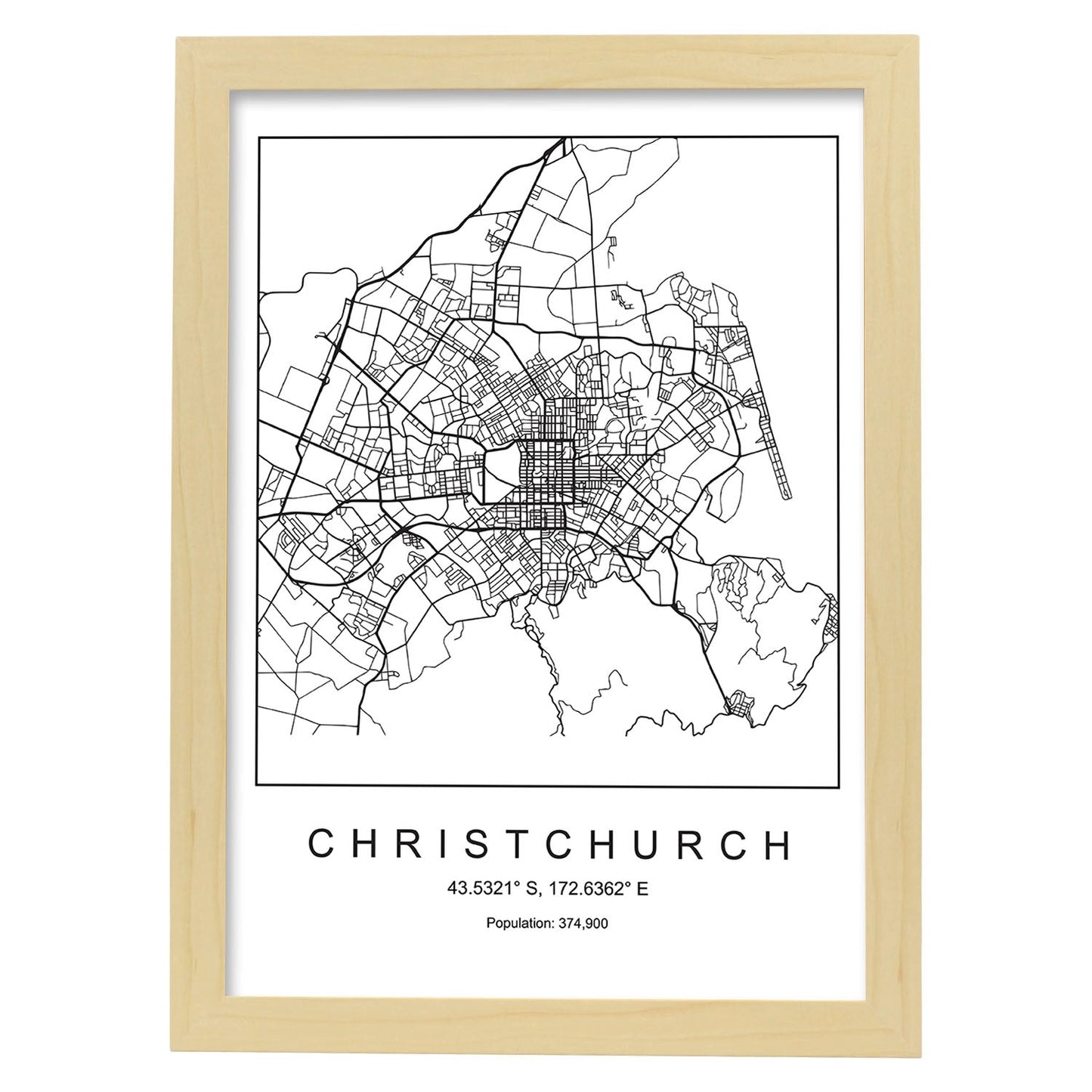 Lámina mapa de la ciudad Christchurch estilo nordico en blanco y negro.-Artwork-Nacnic-A4-Marco Madera clara-Nacnic Estudio SL
