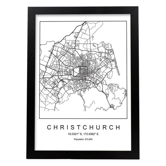 Lámina mapa de la ciudad Christchurch estilo nordico en blanco y negro.-Artwork-Nacnic-A4-Marco Negro-Nacnic Estudio SL