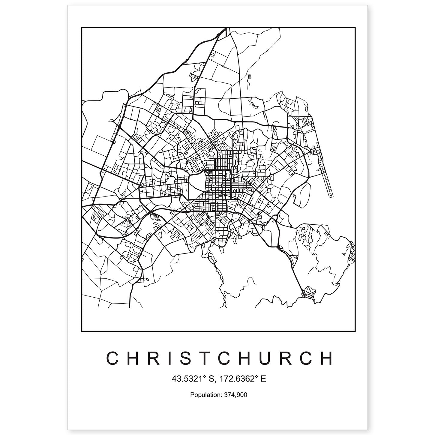 Lámina mapa de la ciudad Christchurch estilo nordico en blanco y negro.-Artwork-Nacnic-A4-Sin marco-Nacnic Estudio SL