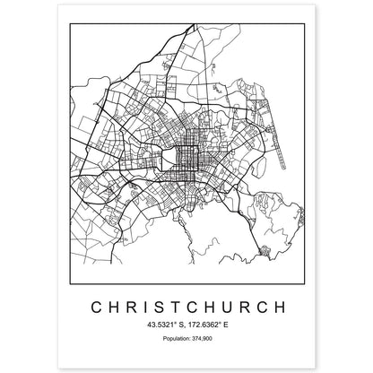 Lámina mapa de la ciudad Christchurch estilo nordico en blanco y negro.-Artwork-Nacnic-A4-Sin marco-Nacnic Estudio SL