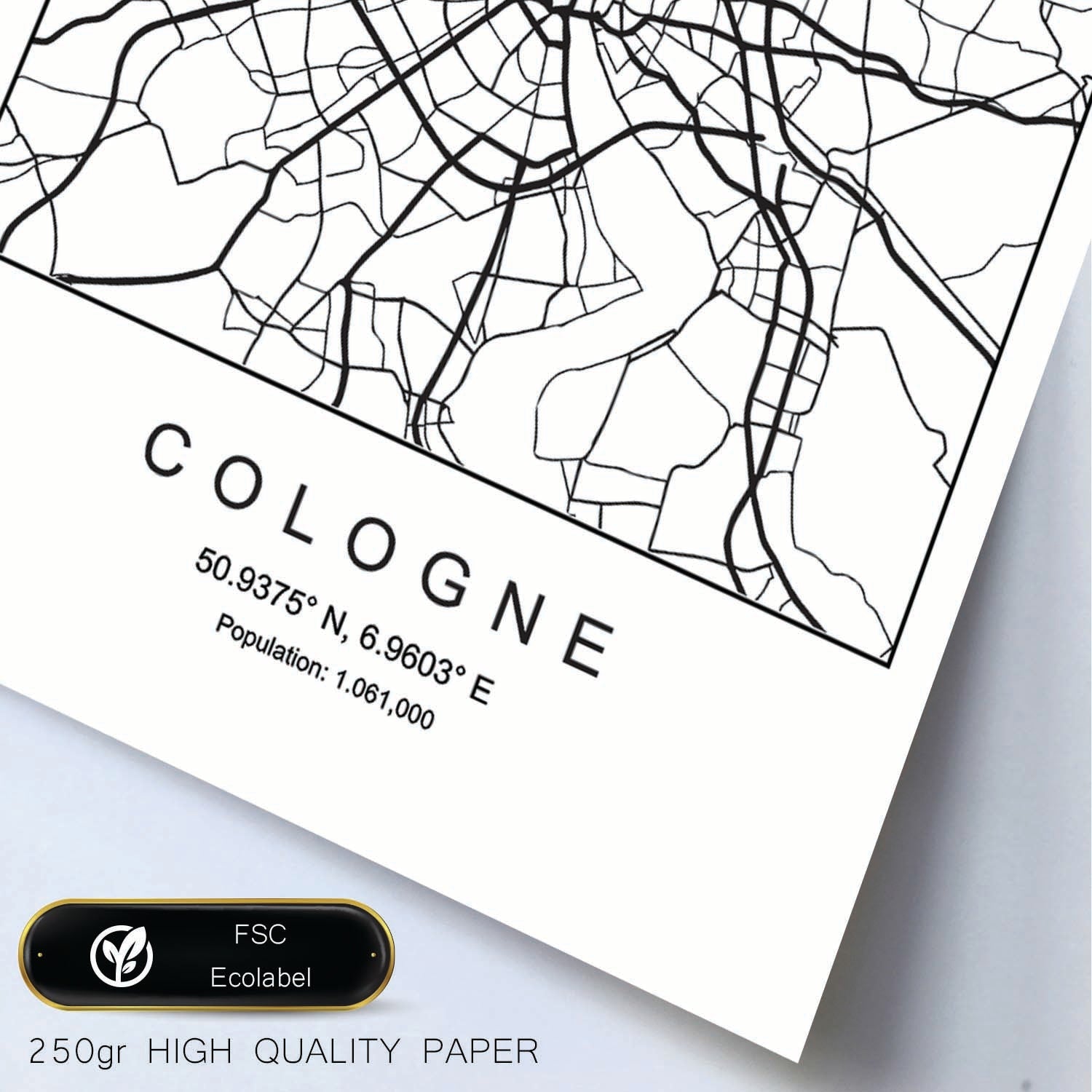 Lámina mapa de la ciudad Cologne estilo nordico en blanco y negro.-Artwork-Nacnic-Nacnic Estudio SL