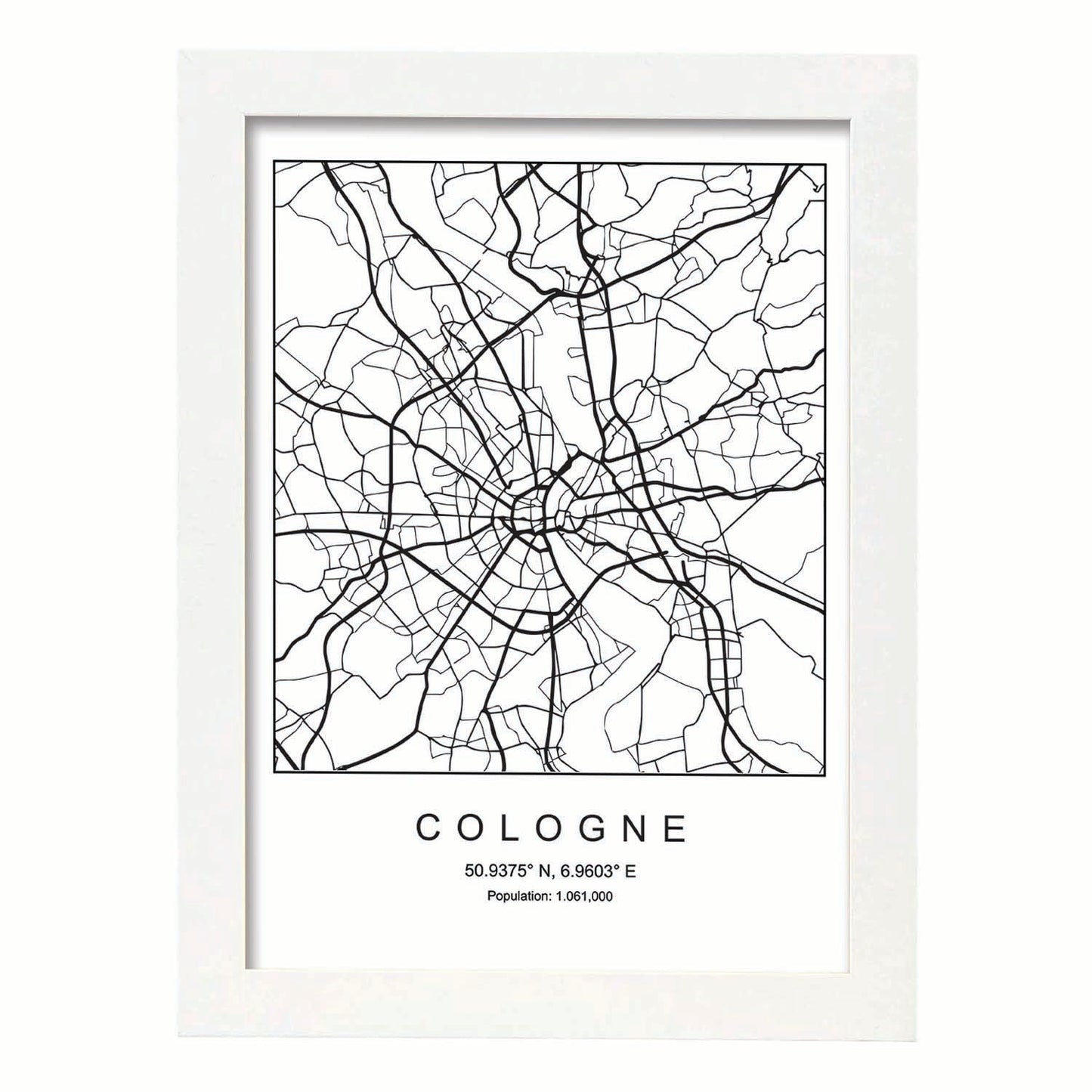 Lámina mapa de la ciudad Cologne estilo nordico en blanco y negro.-Artwork-Nacnic-A3-Marco Blanco-Nacnic Estudio SL