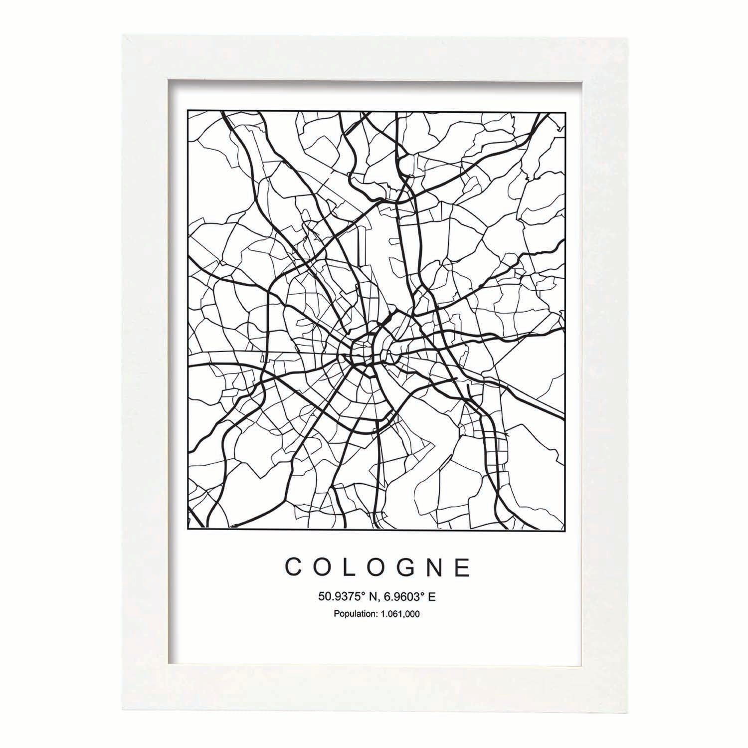 Lámina mapa de la ciudad Cologne estilo nordico en blanco y negro.-Artwork-Nacnic-A3-Marco Blanco-Nacnic Estudio SL