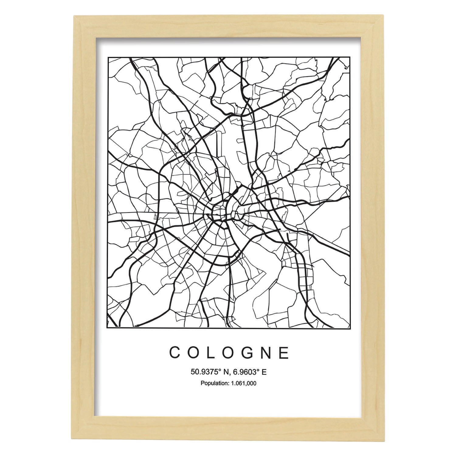 Lámina mapa de la ciudad Cologne estilo nordico en blanco y negro.-Artwork-Nacnic-A3-Marco Madera clara-Nacnic Estudio SL