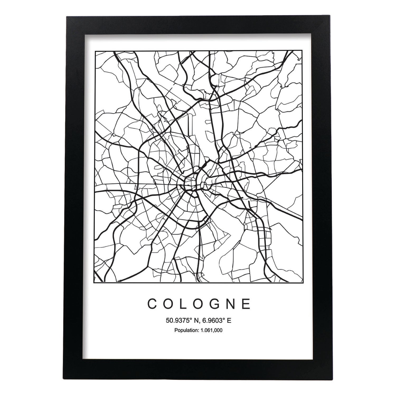 Lámina mapa de la ciudad Cologne estilo nordico en blanco y negro.-Artwork-Nacnic-A3-Marco Negro-Nacnic Estudio SL