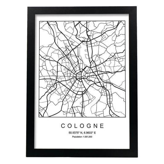 Lámina mapa de la ciudad Cologne estilo nordico en blanco y negro.-Artwork-Nacnic-A4-Marco Negro-Nacnic Estudio SL