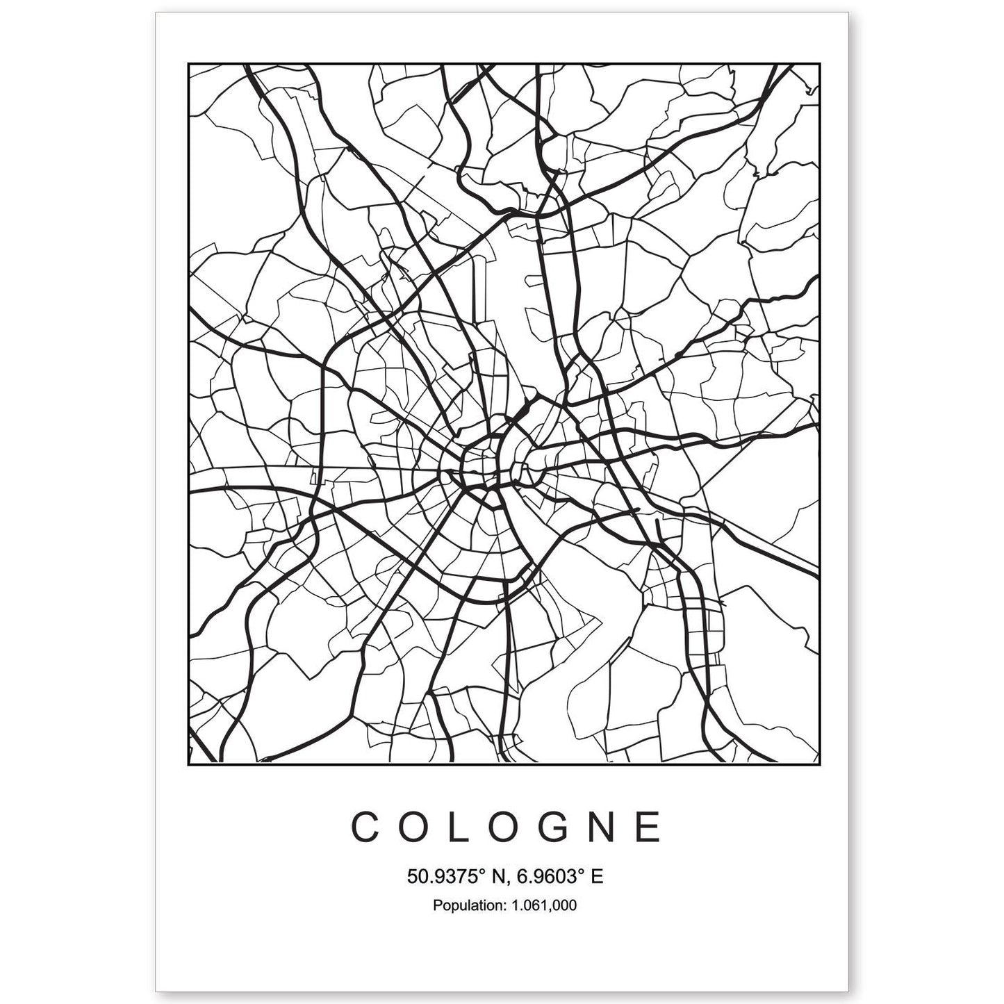 Lámina mapa de la ciudad Cologne estilo nordico en blanco y negro.-Artwork-Nacnic-A4-Sin marco-Nacnic Estudio SL