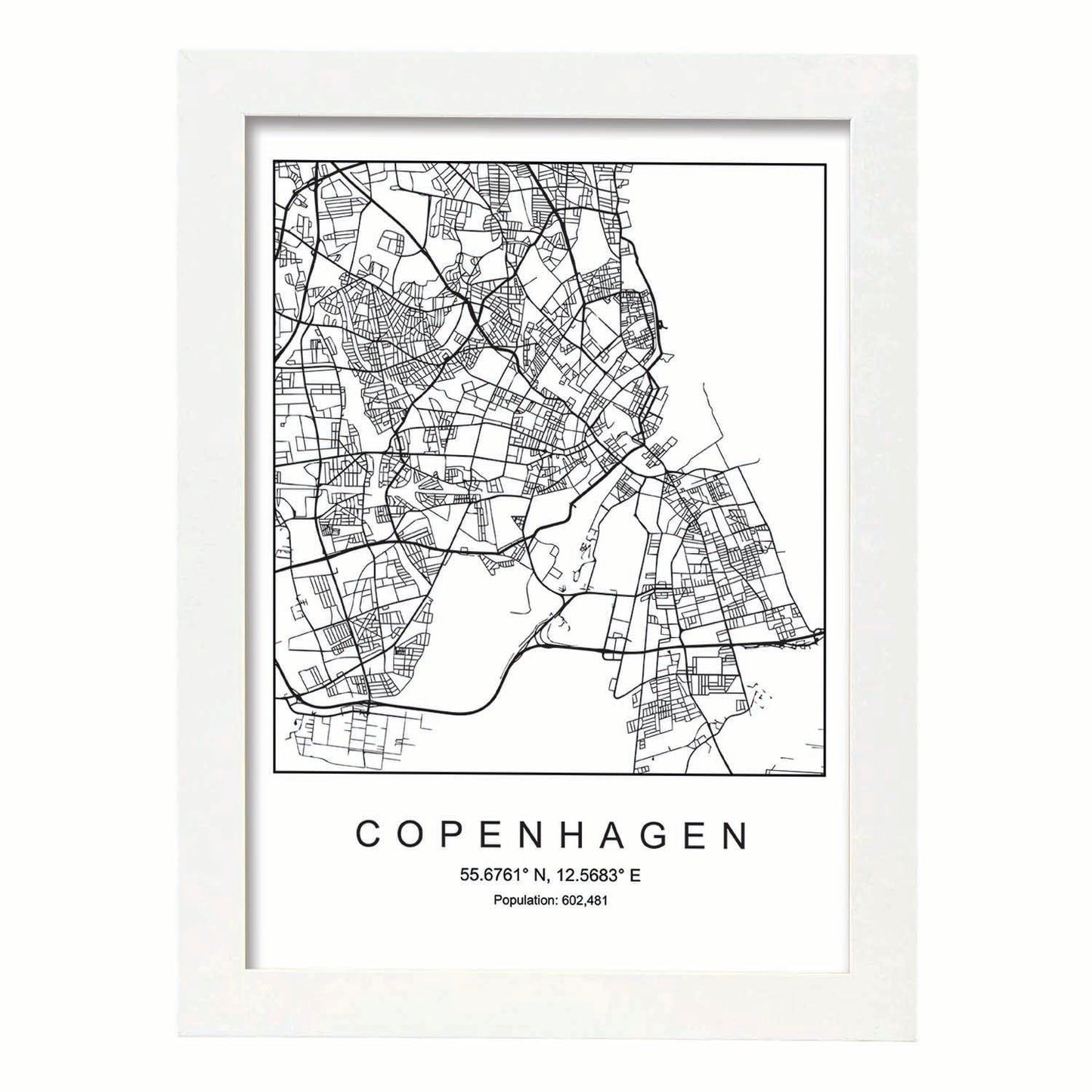 Lámina mapa de la ciudad Copenhagen estilo nordico en blanco y negro.-Artwork-Nacnic-A3-Marco Blanco-Nacnic Estudio SL