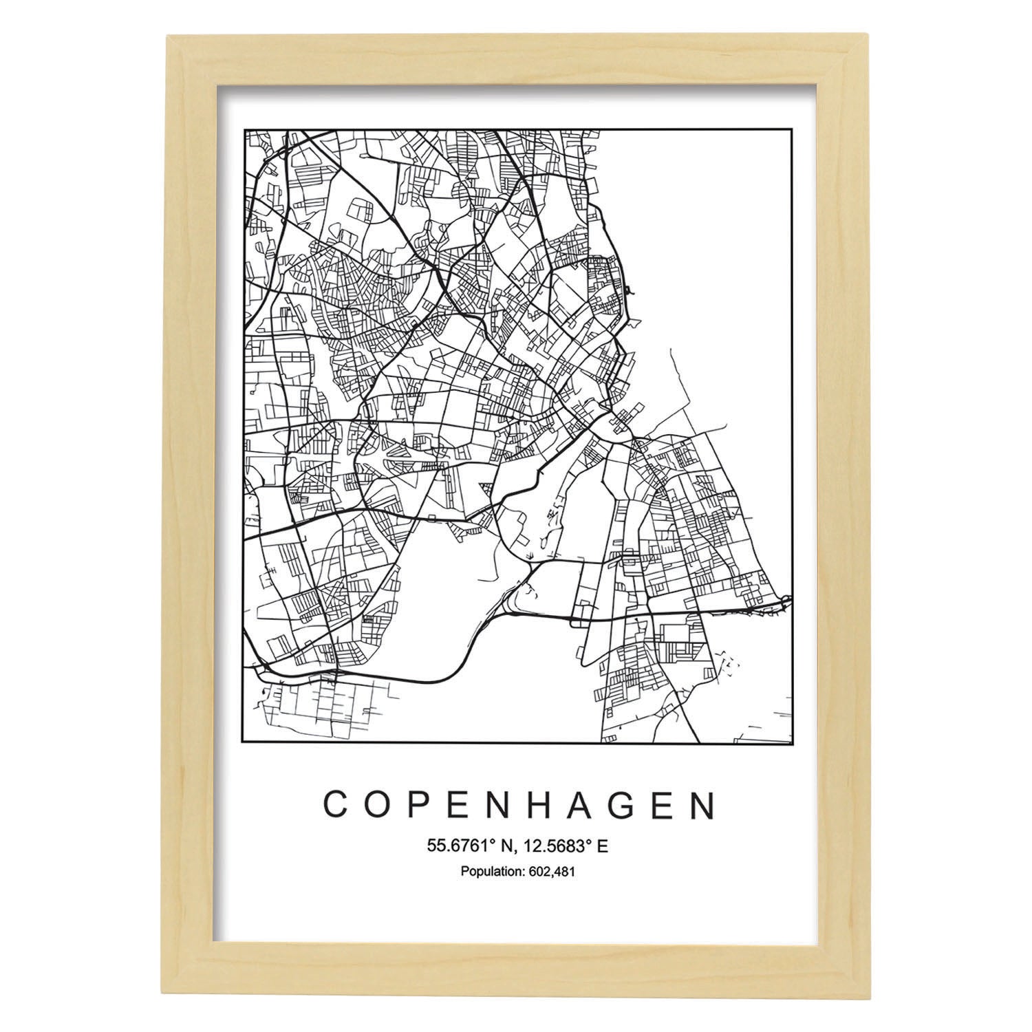 Lámina mapa de la ciudad Copenhagen estilo nordico en blanco y negro.-Artwork-Nacnic-A3-Marco Madera clara-Nacnic Estudio SL