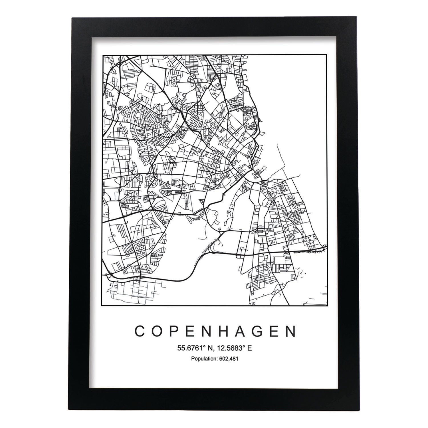 Lámina mapa de la ciudad Copenhagen estilo nordico en blanco y negro.-Artwork-Nacnic-A3-Marco Negro-Nacnic Estudio SL
