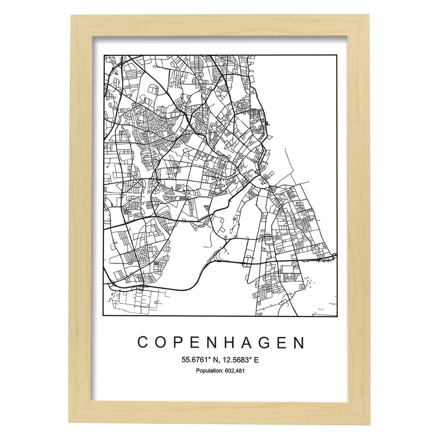 Lámina mapa de la ciudad Copenhagen estilo nordico en blanco y negro.-Artwork-Nacnic-A4-Marco Madera clara-Nacnic Estudio SL