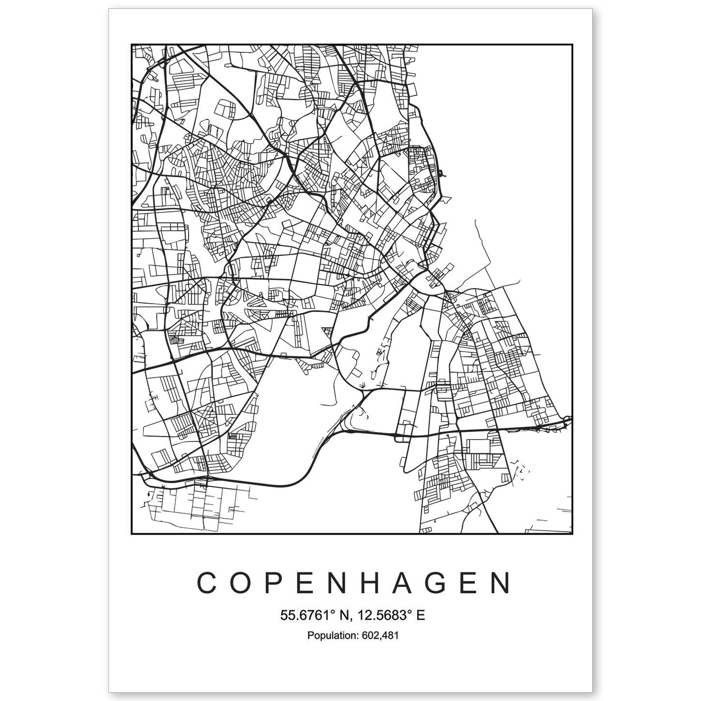 Lámina mapa de la ciudad Copenhagen estilo nordico en blanco y negro.-Artwork-Nacnic-A4-Sin marco-Nacnic Estudio SL