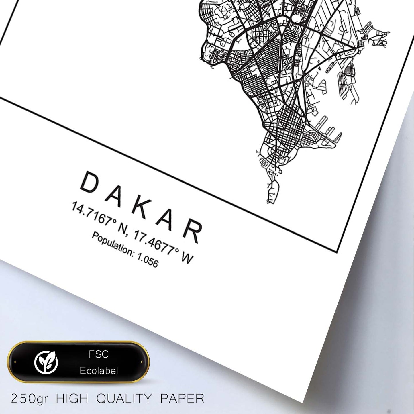 Lámina mapa de la ciudad Dakar estilo nordico en blanco y negro.-Artwork-Nacnic-Nacnic Estudio SL