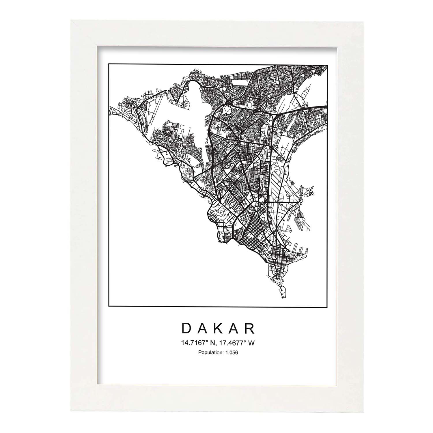 Lámina mapa de la ciudad Dakar estilo nordico en blanco y negro.-Artwork-Nacnic-A3-Marco Blanco-Nacnic Estudio SL
