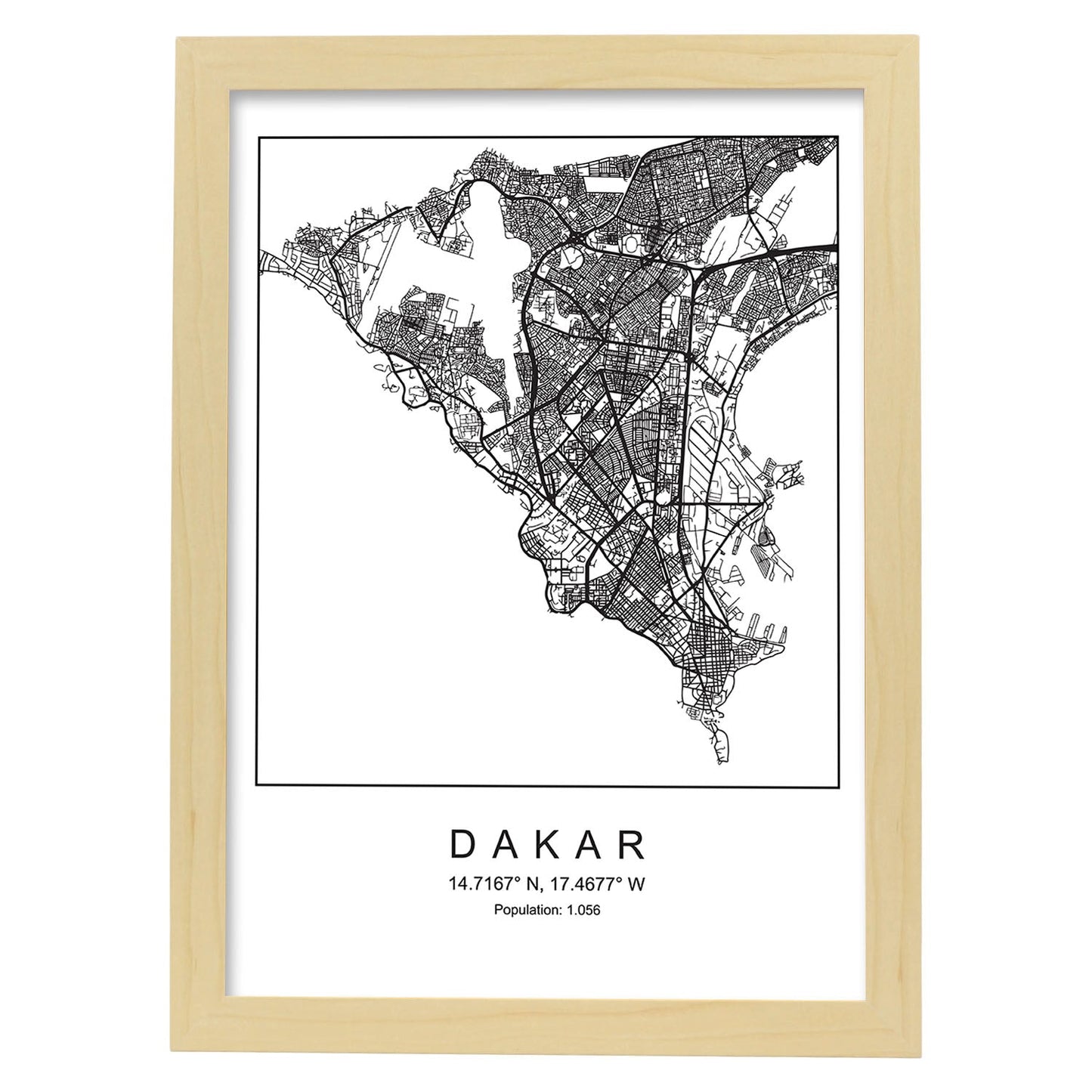 Lámina mapa de la ciudad Dakar estilo nordico en blanco y negro.-Artwork-Nacnic-A3-Marco Madera clara-Nacnic Estudio SL