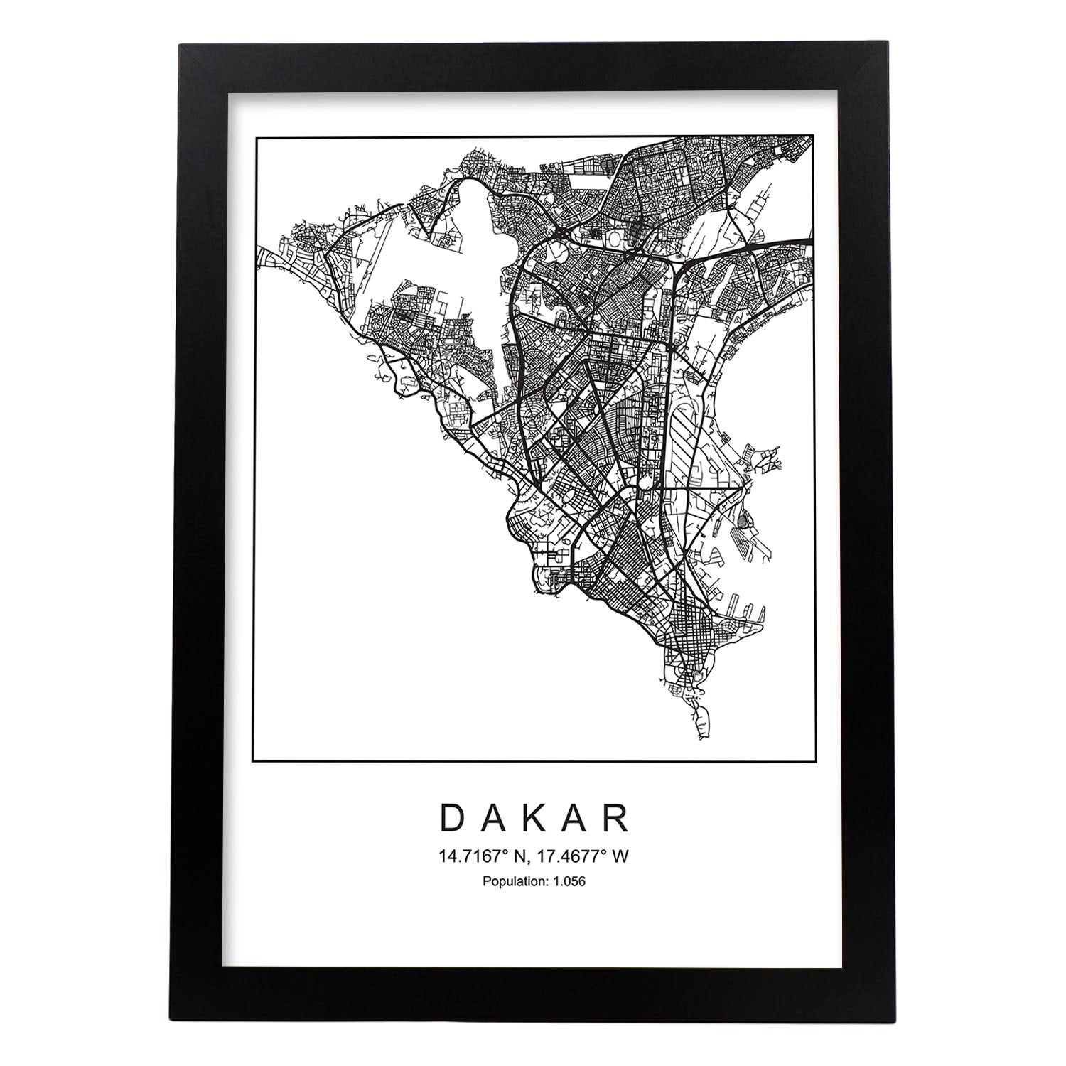 Lámina mapa de la ciudad Dakar estilo nordico en blanco y negro.-Artwork-Nacnic-A3-Marco Negro-Nacnic Estudio SL