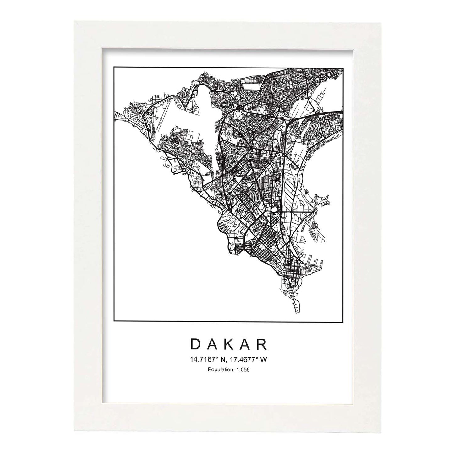 Lámina mapa de la ciudad Dakar estilo nordico en blanco y negro.-Artwork-Nacnic-A4-Marco Blanco-Nacnic Estudio SL