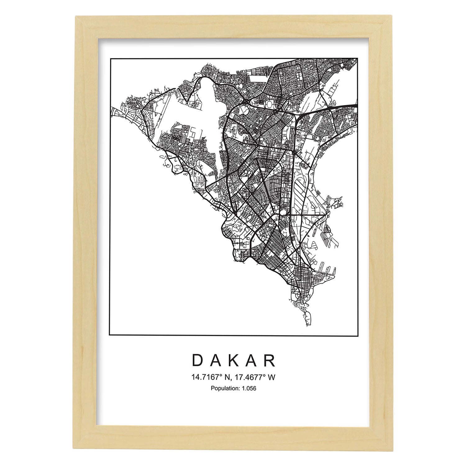 Lámina mapa de la ciudad Dakar estilo nordico en blanco y negro.-Artwork-Nacnic-A4-Marco Madera clara-Nacnic Estudio SL