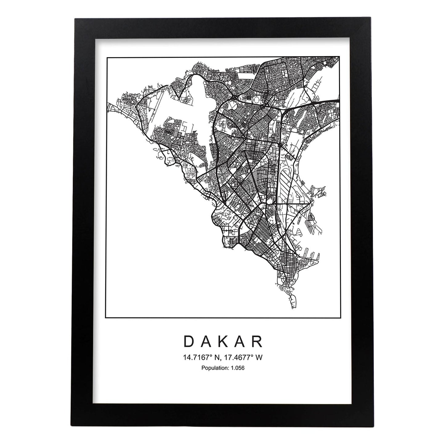 Lámina mapa de la ciudad Dakar estilo nordico en blanco y negro.-Artwork-Nacnic-A4-Marco Negro-Nacnic Estudio SL