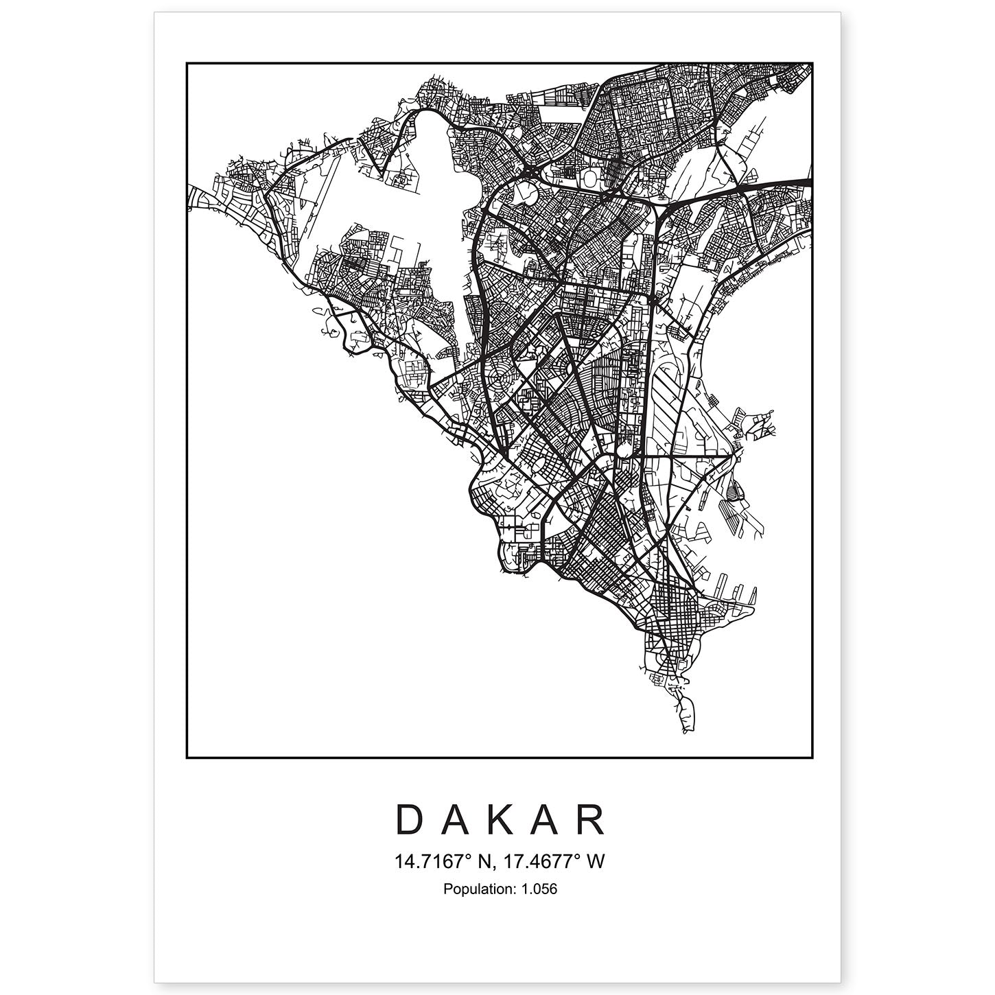 Lámina mapa de la ciudad Dakar estilo nordico en blanco y negro.-Artwork-Nacnic-A4-Sin marco-Nacnic Estudio SL