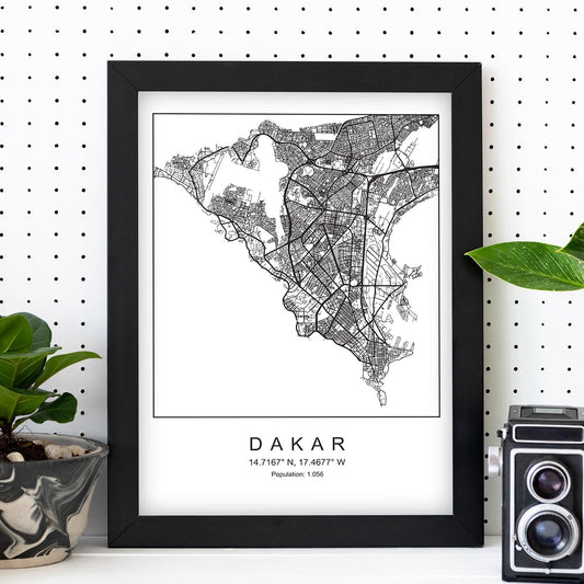 Lámina mapa de la ciudad Dakar estilo nordico en blanco y negro.-Artwork-Nacnic-Nacnic Estudio SL