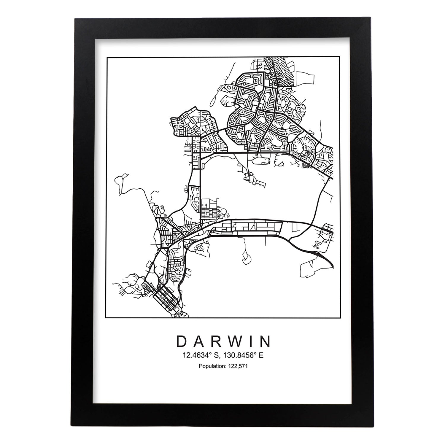 Lámina mapa de la ciudad Darwin estilo nordico en blanco y negro.-Artwork-Nacnic-A3-Marco Negro-Nacnic Estudio SL