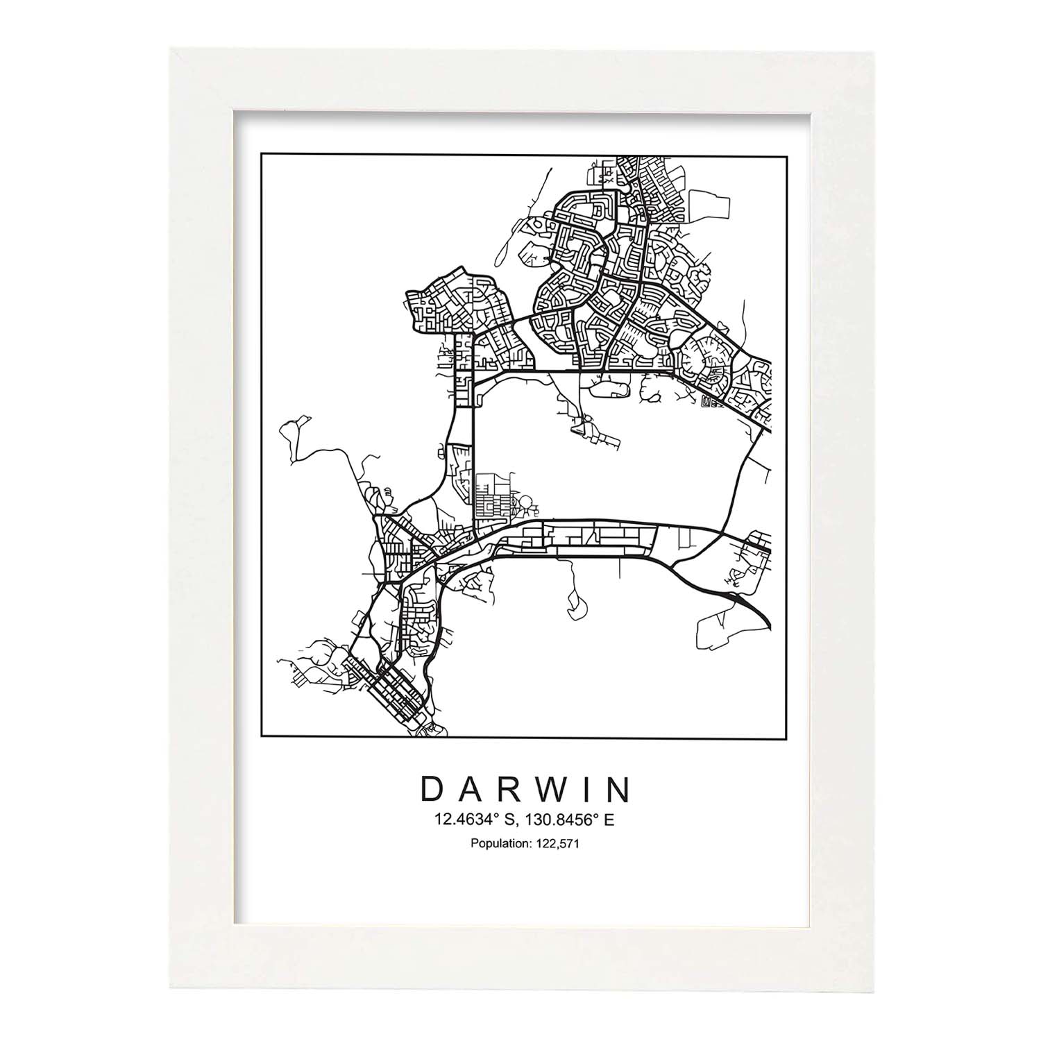 Lámina mapa de la ciudad Darwin estilo nordico en blanco y negro.-Artwork-Nacnic-A4-Marco Blanco-Nacnic Estudio SL