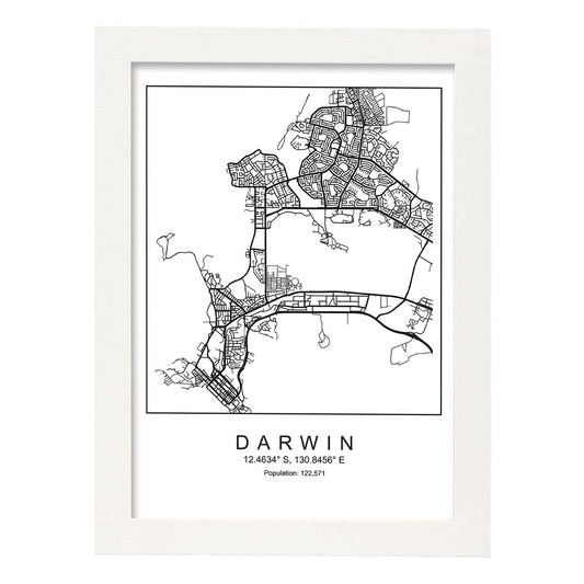 Lámina mapa de la ciudad Darwin estilo nordico en blanco y negro.-Artwork-Nacnic-A4-Marco Blanco-Nacnic Estudio SL