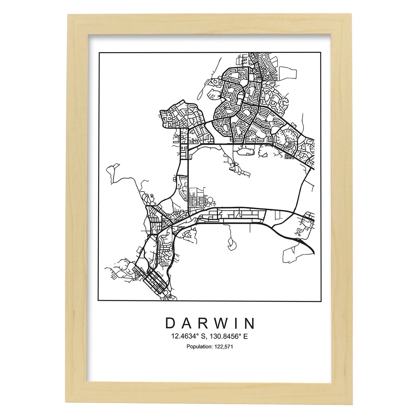 Lámina mapa de la ciudad Darwin estilo nordico en blanco y negro.-Artwork-Nacnic-A4-Marco Madera clara-Nacnic Estudio SL