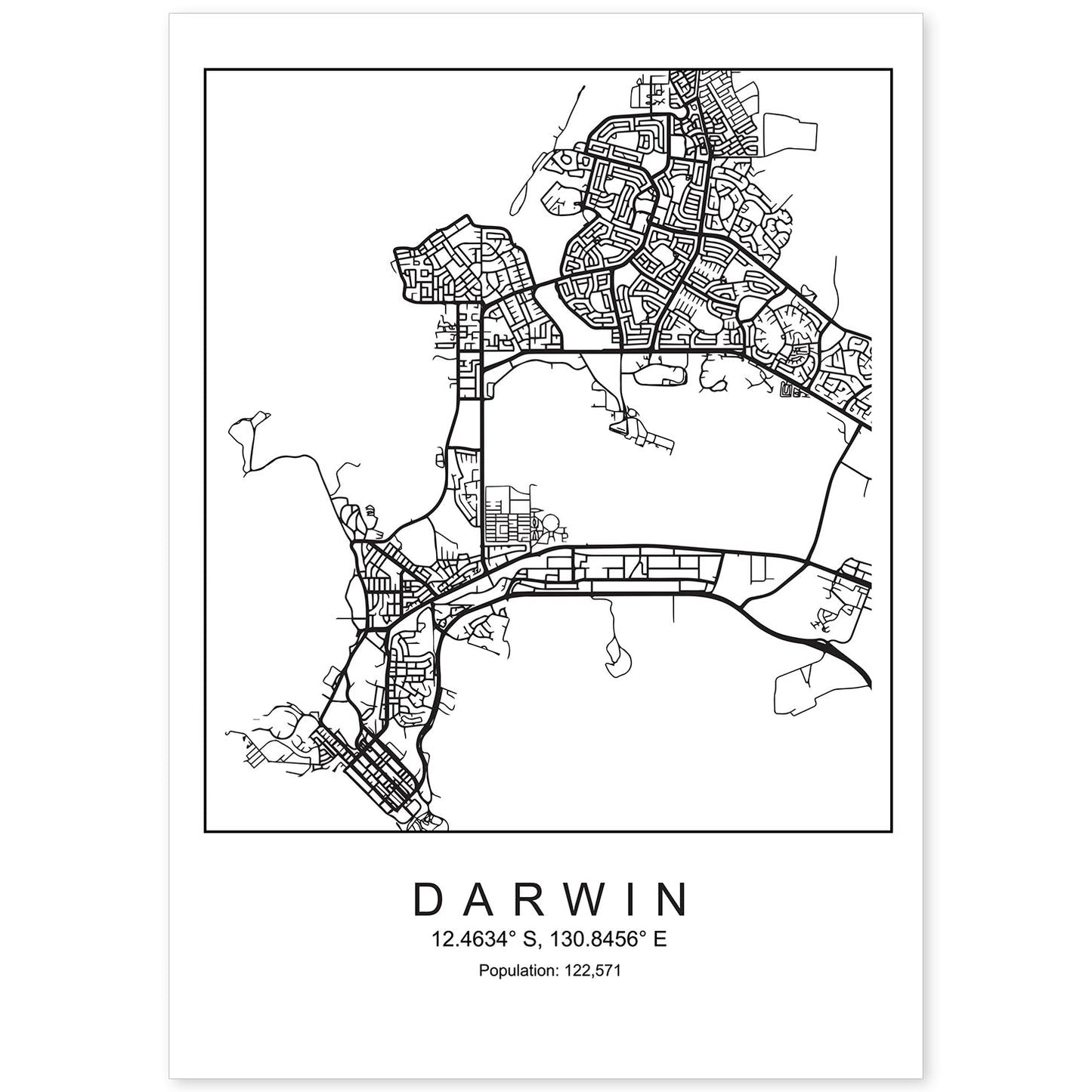 Lámina mapa de la ciudad Darwin estilo nordico en blanco y negro.-Artwork-Nacnic-A4-Sin marco-Nacnic Estudio SL