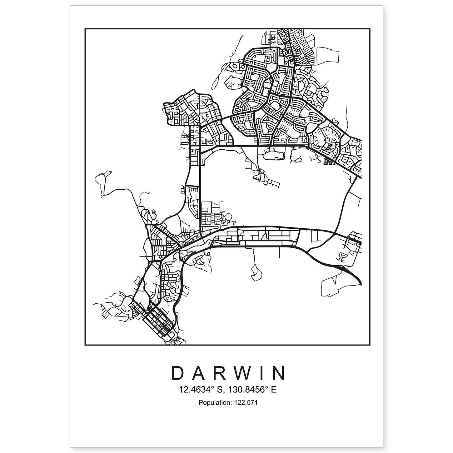 Lámina mapa de la ciudad Darwin estilo nordico en blanco y negro.-Artwork-Nacnic-A4-Sin marco-Nacnic Estudio SL