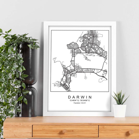 Lámina mapa de la ciudad Darwin estilo nordico en blanco y negro.-Artwork-Nacnic-Nacnic Estudio SL