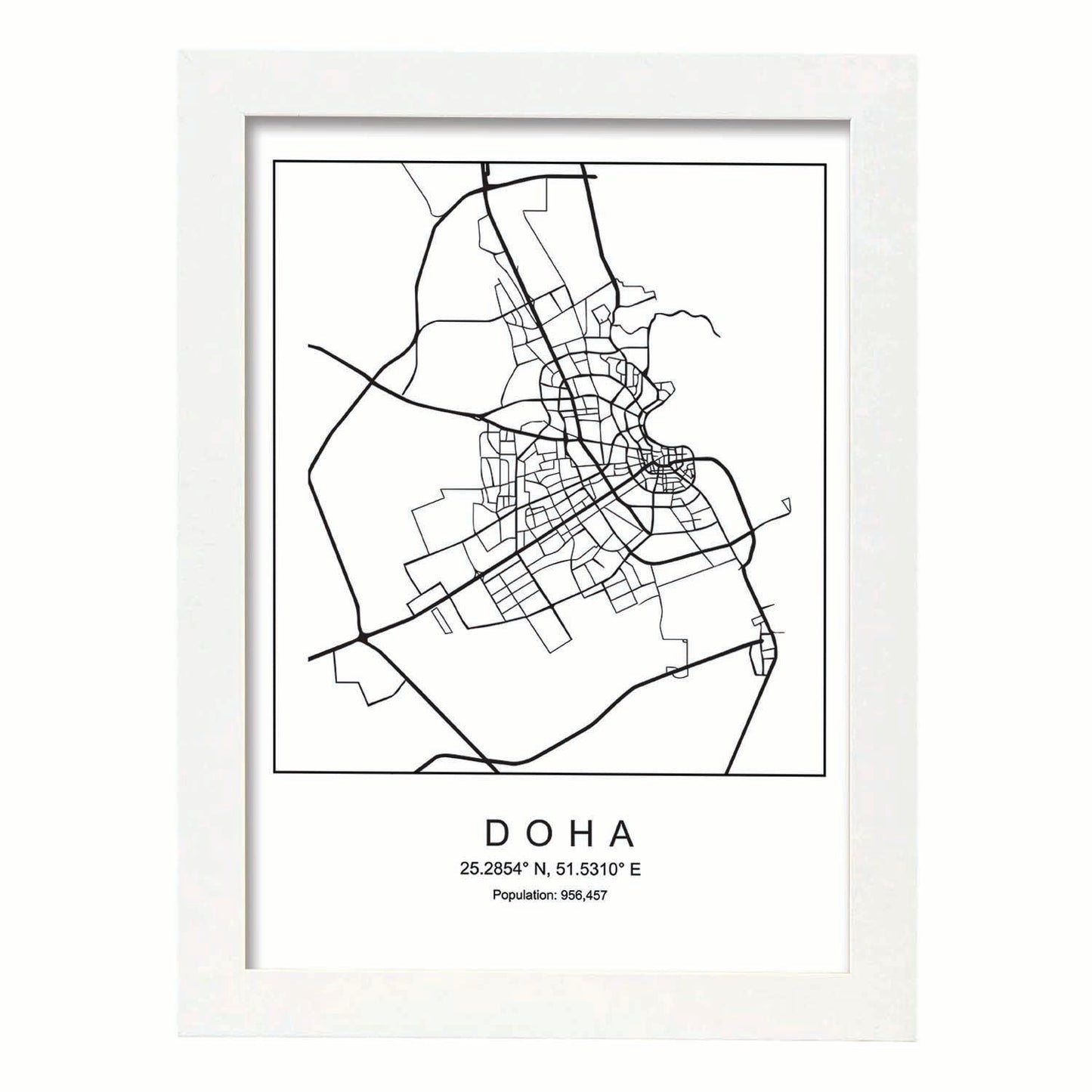 Lámina mapa de la ciudad Doha estilo nordico en blanco y negro.-Artwork-Nacnic-A3-Marco Blanco-Nacnic Estudio SL