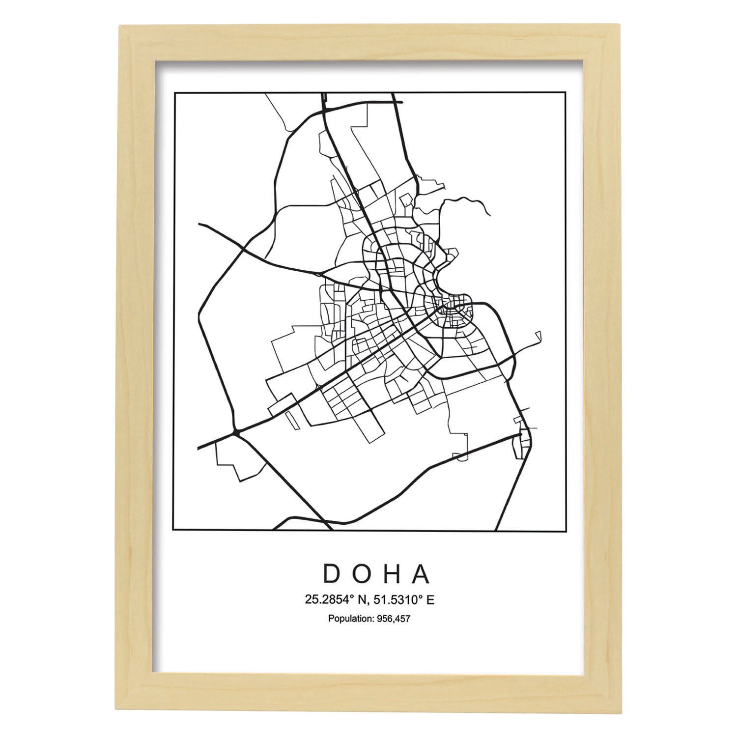 Lámina mapa de la ciudad Doha estilo nordico en blanco y negro.-Artwork-Nacnic-A3-Marco Madera clara-Nacnic Estudio SL