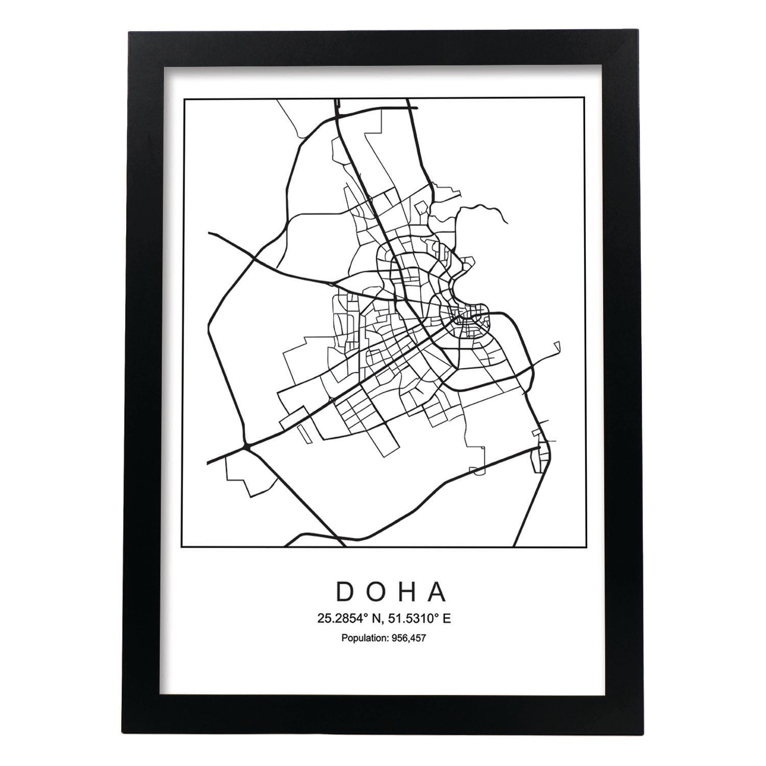Lámina mapa de la ciudad Doha estilo nordico en blanco y negro.-Artwork-Nacnic-A3-Marco Negro-Nacnic Estudio SL
