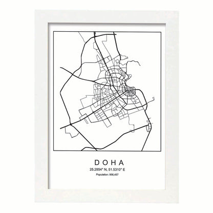 Lámina mapa de la ciudad Doha estilo nordico en blanco y negro.-Artwork-Nacnic-A4-Marco Blanco-Nacnic Estudio SL